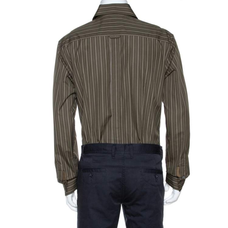 Pre Owned D & G Khaki Green Striped Cotton Slim Fit Shirt XXL