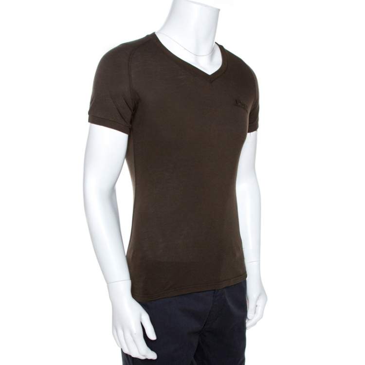Pre Owned D & G Olive Green Logo Embroidered Knit V Neck T-Shirt S
