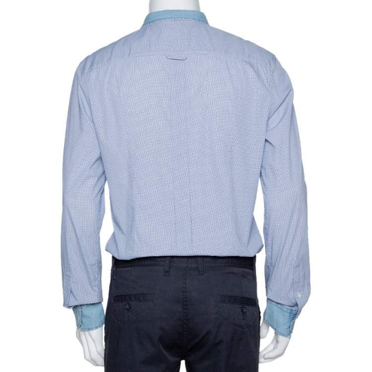 مملوكة مسبقًا D&G Blue Checked Cotton Denim Trim Long Sleeve Brad Shirt XL
