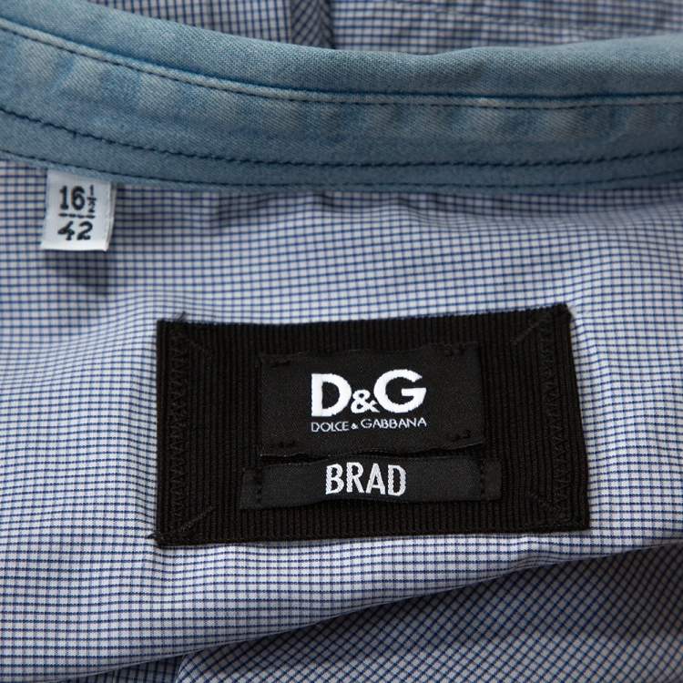 مملوكة مسبقًا D&G Blue Checked Cotton Denim Trim Long Sleeve Brad Shirt XL