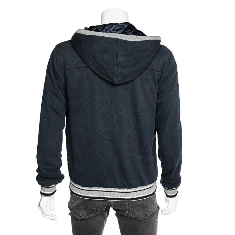 Pre Owned D&G Dark Blue Cotton Knit Contrast Quilted Detail Zip Front Hooded Jacket L
