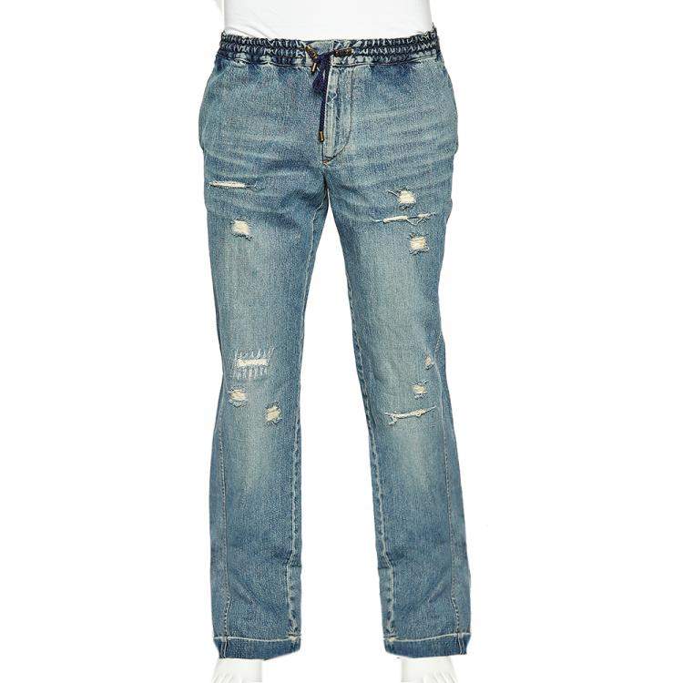 Pre Owned D&G Blue Denim Elastic Waist Wide Leg Distressed Jeans XL