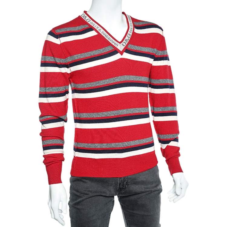 Pre Owned D&G Red Striped Wool Blend V Neck Pullover S