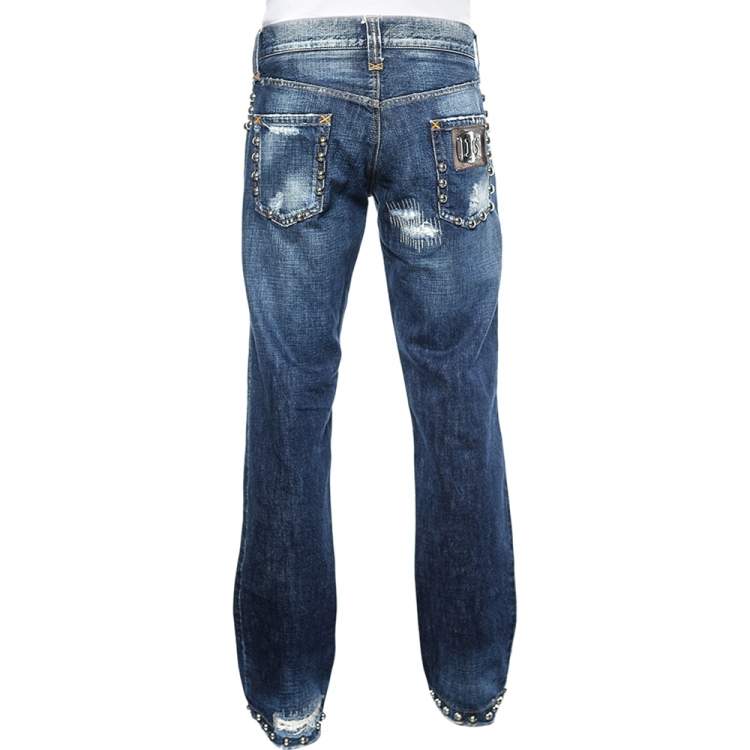 Pre Owned D&G Navy Blue Distressed Denim Studded Detail Jeans 3XL