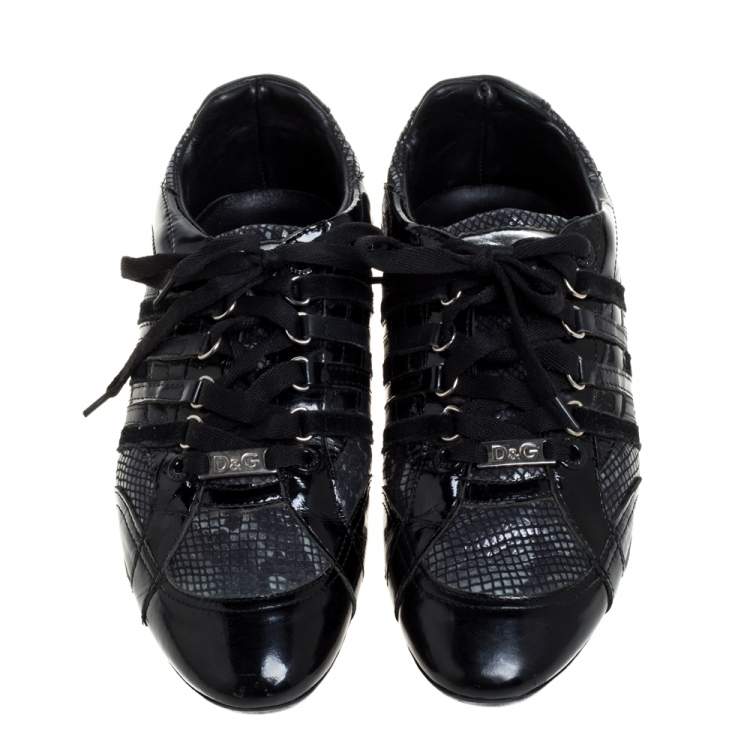 Pre Owned D&G Black Snakeskin Effect and Patent Leather Lace  Low Top Sneakers Size 42