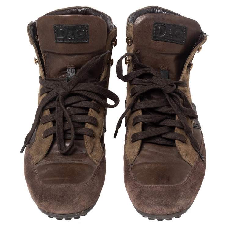 Pre Owned D&G Brown Suede and Leather Lace Up High Top Sneakers Size 41
