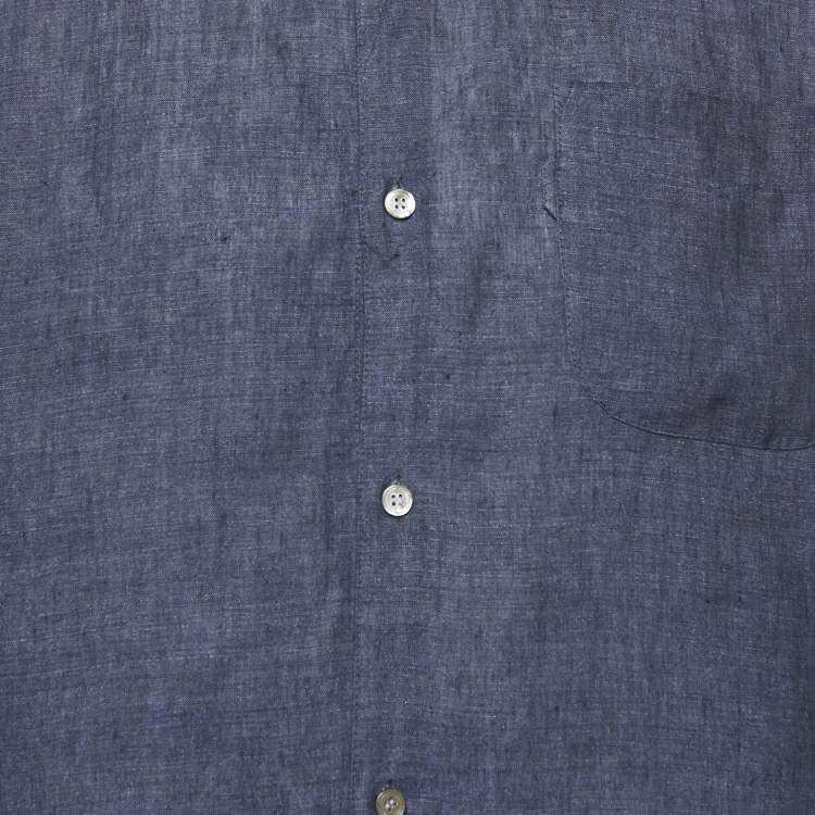 Pre Owned Derek Rose Navy Blue Linen Button Front Shirt M