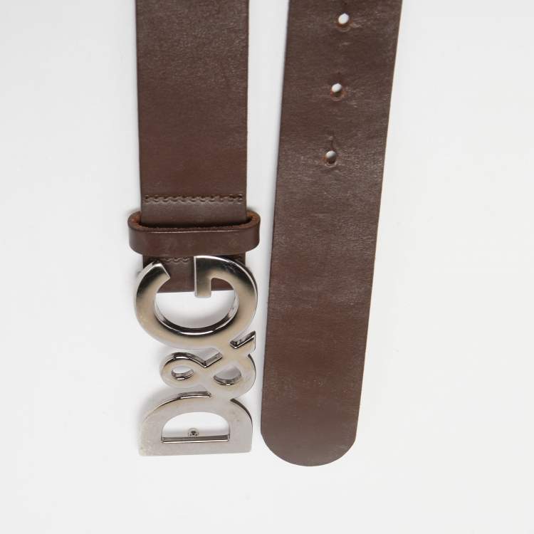 Pre Owned D&G Dark Brown Leather Logo Buckle Belt 90CM