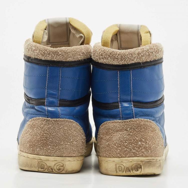 Pre Owned D&G Blue/White Leather and Suede High Top Sneakers Size 45