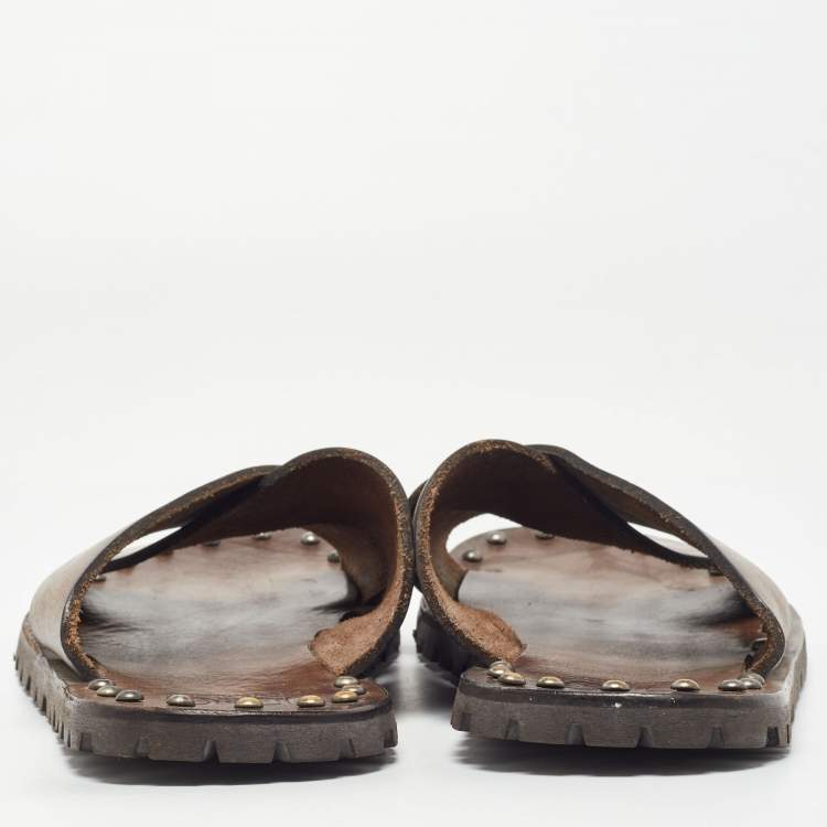 Pre Owned D&G Brown Leather Cross Strap Studded Slides Size 43
