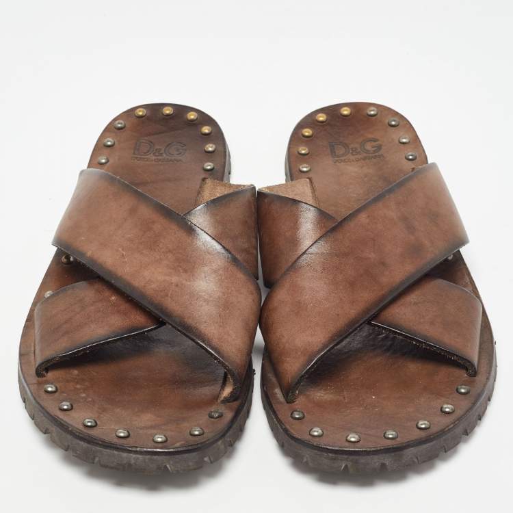 Pre Owned D&G Brown Leather Cross Strap Studded Slides Size 43