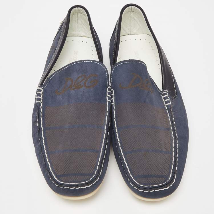Pre Owned D&G Blue/Black Nubuck and Leather Slip On Loafers Size 42