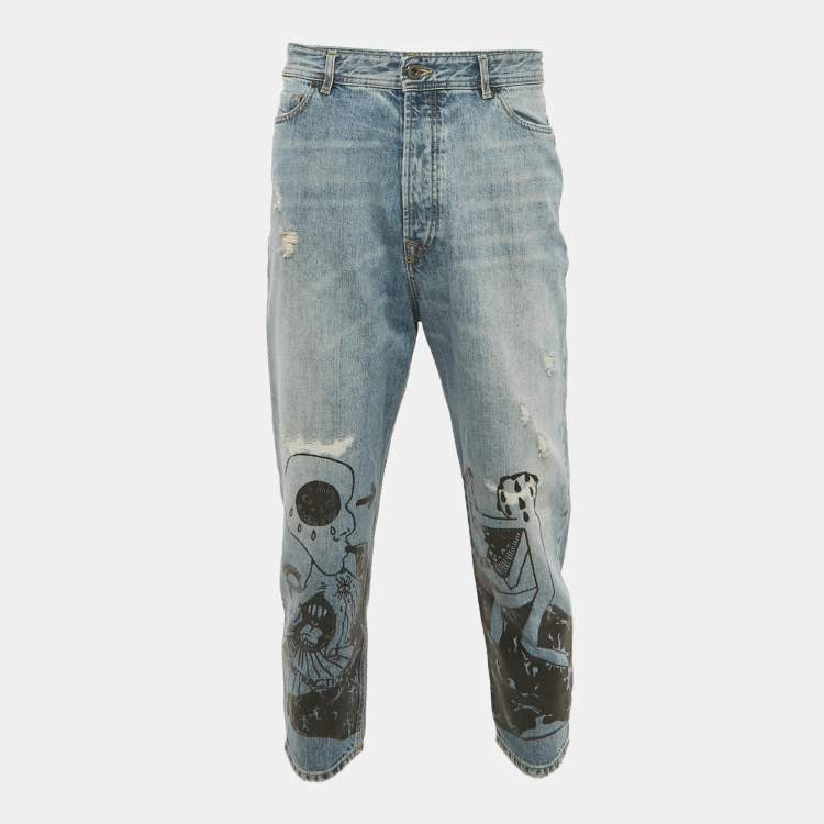 Pre Owned بنطلون ديزل بلاك جولد أزرق مرهق بطباعة الجرافيتي بقصة ضيقة الدنيم مقاس متوسط كبير خصر 33 بوصة