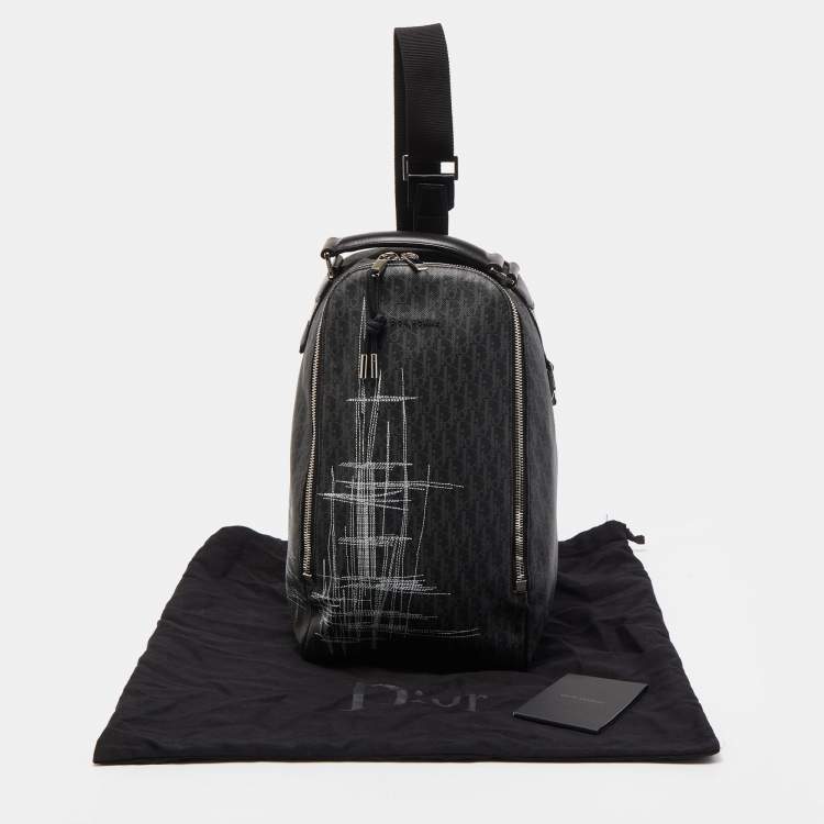 Pre Owned Dior Homme Dark Grey Stitched Print Oblique Coated Canvas Rider Sling Bag