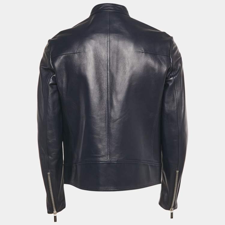 Pre Owned جاكيت جلد أزرق كحلي بسحاب ديور هوم مقاس كبير - لارج