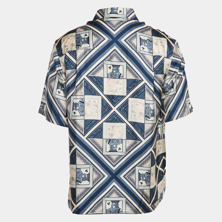 Pre Owned Dior Homme Blue Printed Silk Short Sleeve Shirt M