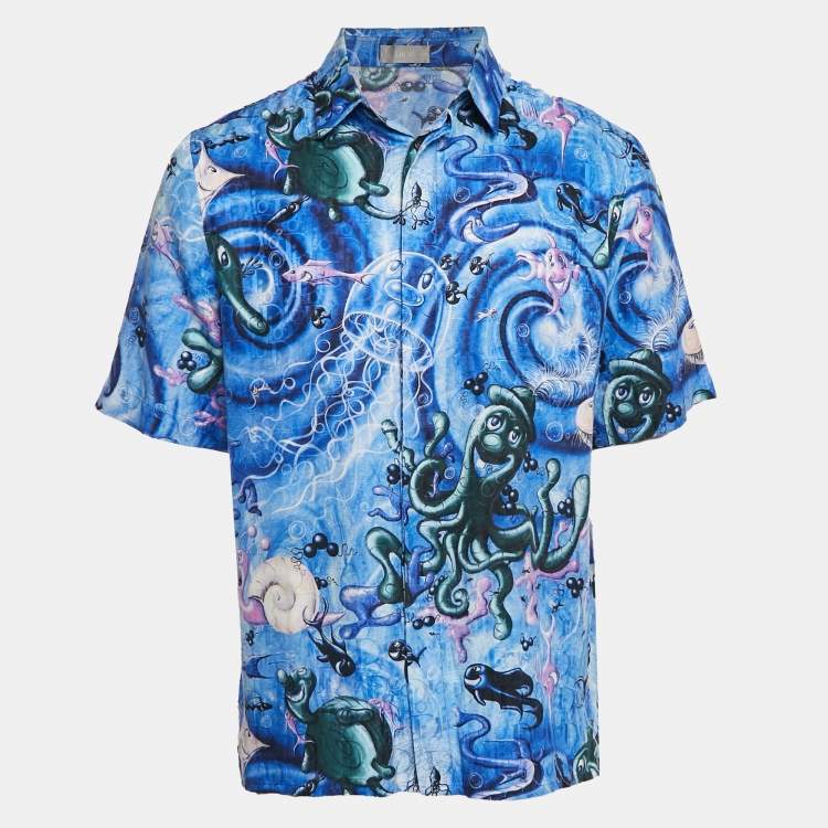 Pre Owned Dior Homme x Kenny Scharf Blue Swirl Sealife Satin Shirt M