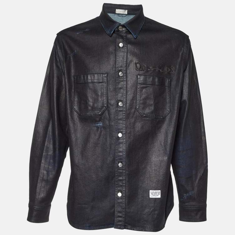 Pre Owned Dior Homme Black Coated Denim Embroidered Shirt L