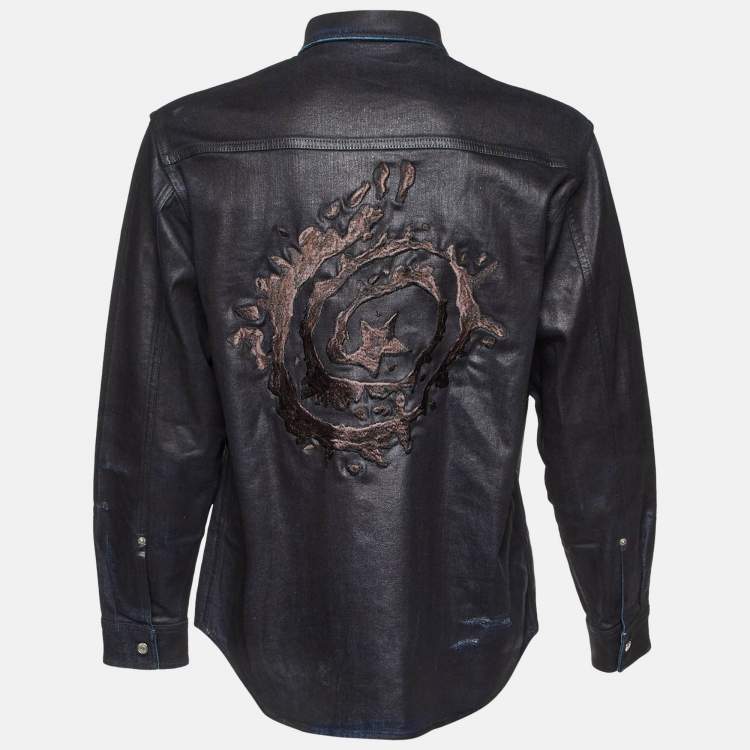 Pre Owned Dior Homme Black Coated Denim Embroidered Shirt L