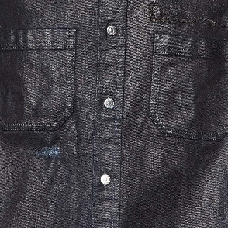 Pre Owned Dior Homme Black Coated Denim Embroidered Shirt L