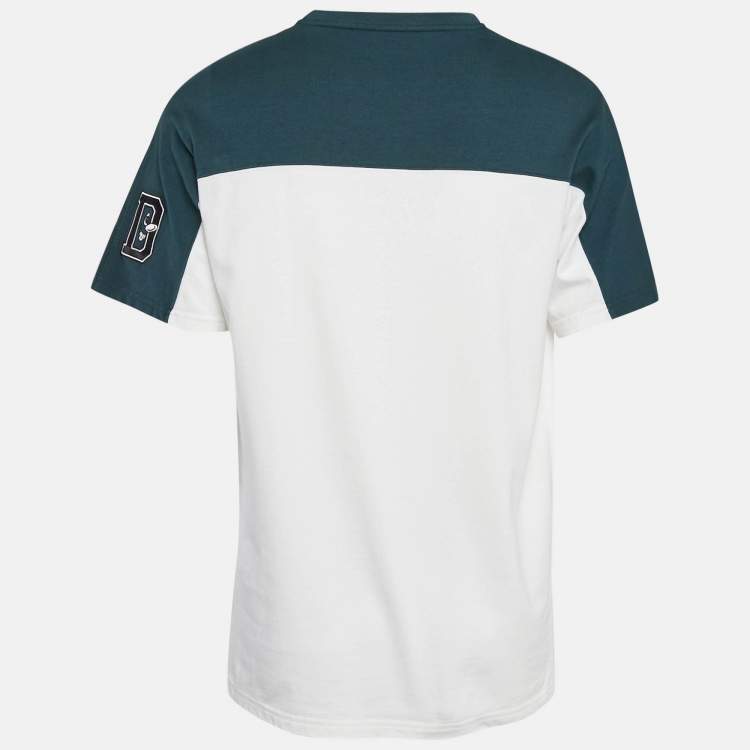 Pre Owned Dior Homme White/Blue Logo Print Colorblocked Cotton Knit T-Shirt M