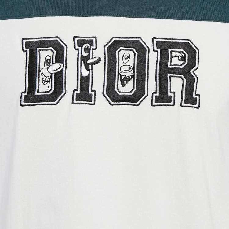 Pre Owned Dior Homme White/Blue Logo Print Colorblocked Cotton Knit T-Shirt M