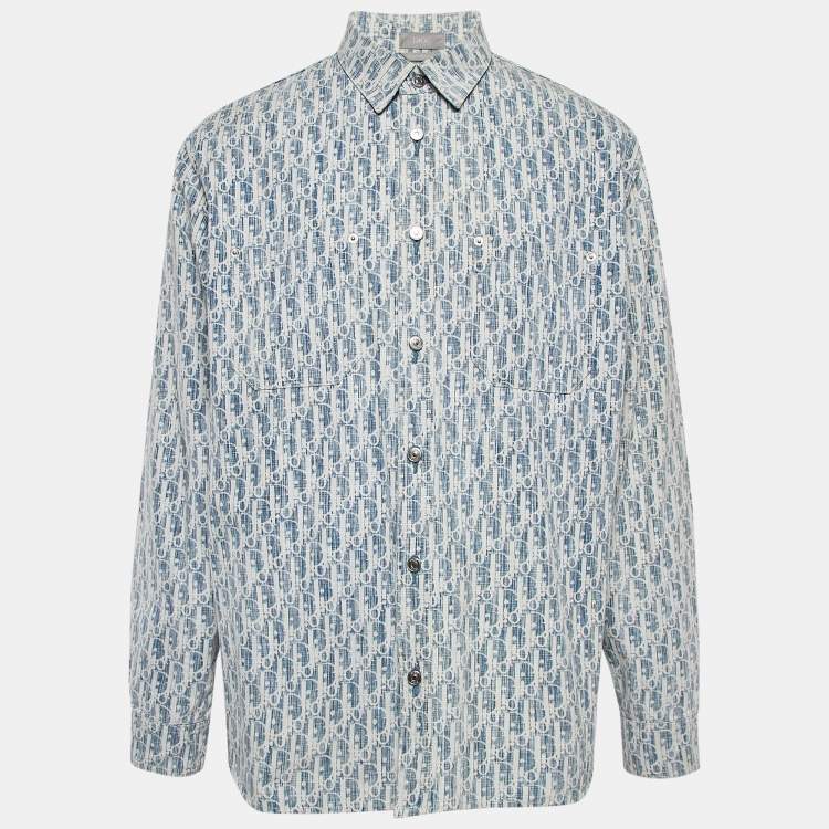 Pre Owned Dior Homme Blue Oblique Jacquard Button Front Shirt XL