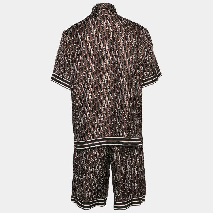 Pre Owned Dior Homme Brown Oblique Print Silk Shirt and Shorts Set L