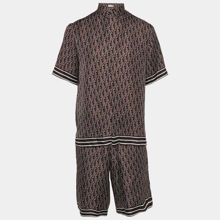 Pre Owned Dior Homme Brown Oblique Print Silk Shirt and Shorts Set L