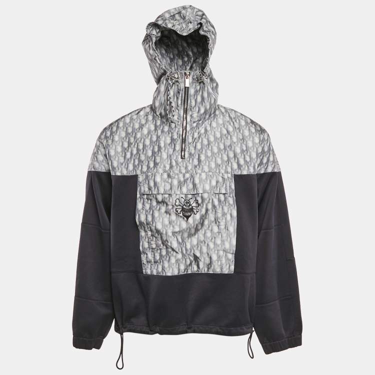 Pre Owned Dior Homme Black/Grey Blurred Oblique Print Knit and Crepe Anorak Hoodie XL