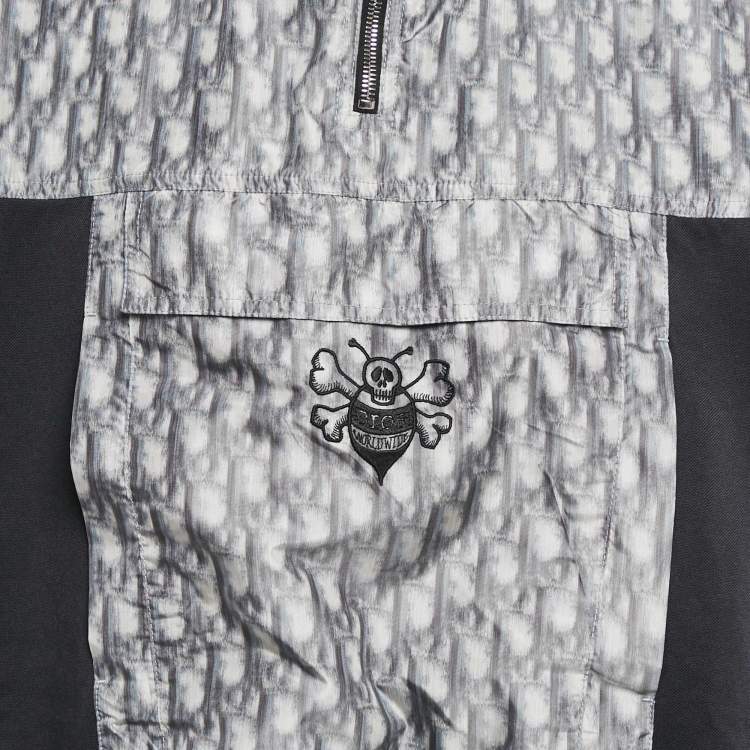 Pre Owned Dior Homme Black/Grey Blurred Oblique Print Knit and Crepe Anorak Hoodie XL