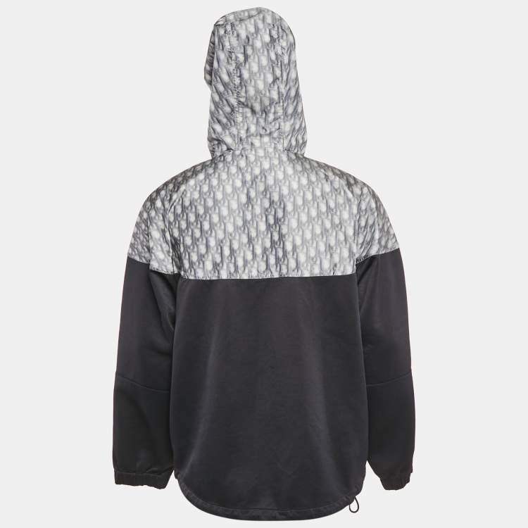 Pre Owned Dior Homme Black/Grey Blurred Oblique Print Knit and Crepe Anorak Hoodie XL