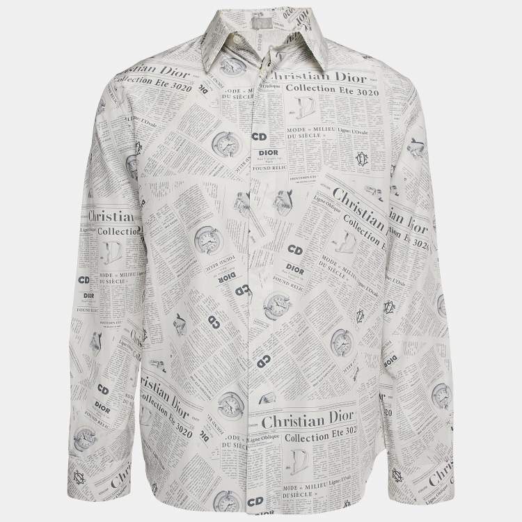 Pre Owned Dior Homme White News Paper Print Cotton Blend Shirt L