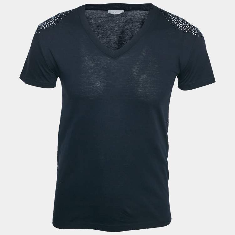 Pre Owned Dior Homme Navy Blue Printed Jersey V-Neck T-Shirt S