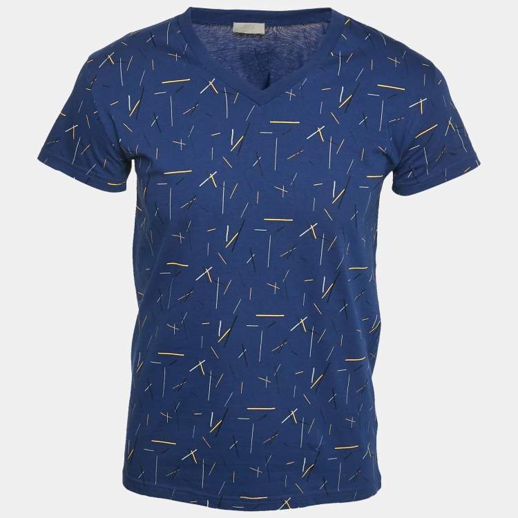 Pre Owned Dior Homme Blue Printed Jersey V-Neck T-Shirt XS