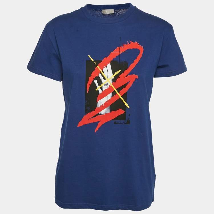 Pre Owned Dior Homme Blue Printed Jersey Crewneck T-Shirt XS