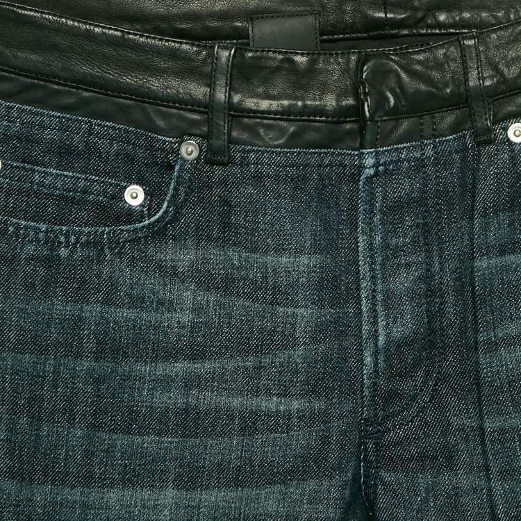 Pre Owned Dior Homme Navy Blue Leather Trim Denim Regular Fit Jeans M Waist 32"
