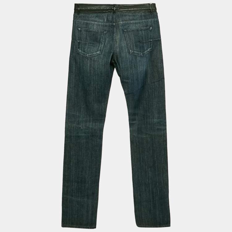 Pre Owned Dior Homme Navy Blue Leather Trim Denim Regular Fit Jeans M Waist 32"