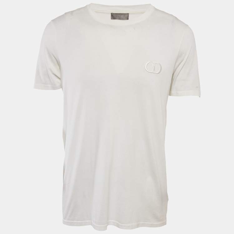 Pre Owned Dior Homme White Logo Embroidered Cotton Crew Neck T-Shirt L