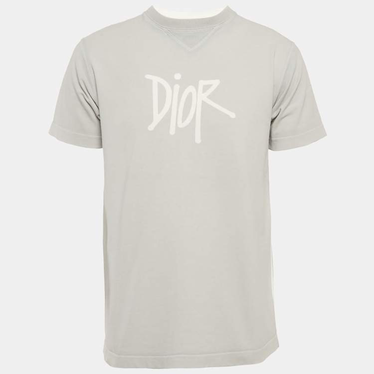 Pre Owned Dior Homme X Shawn Stussy Grey Logo Print Cotton T-shirt XS