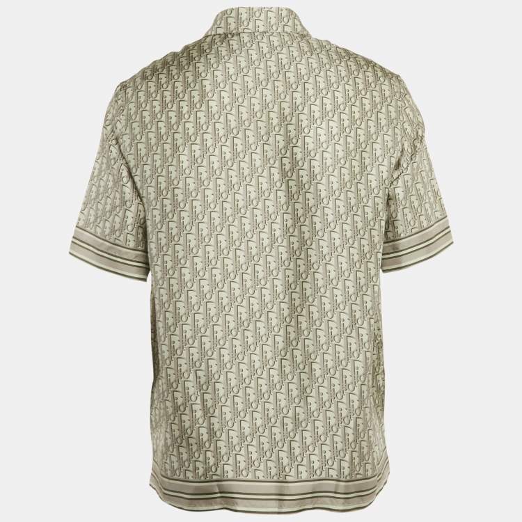 Pre Owned Dior Homme Green Oblique Monogram Print Silk Hawaiian Shirt M
