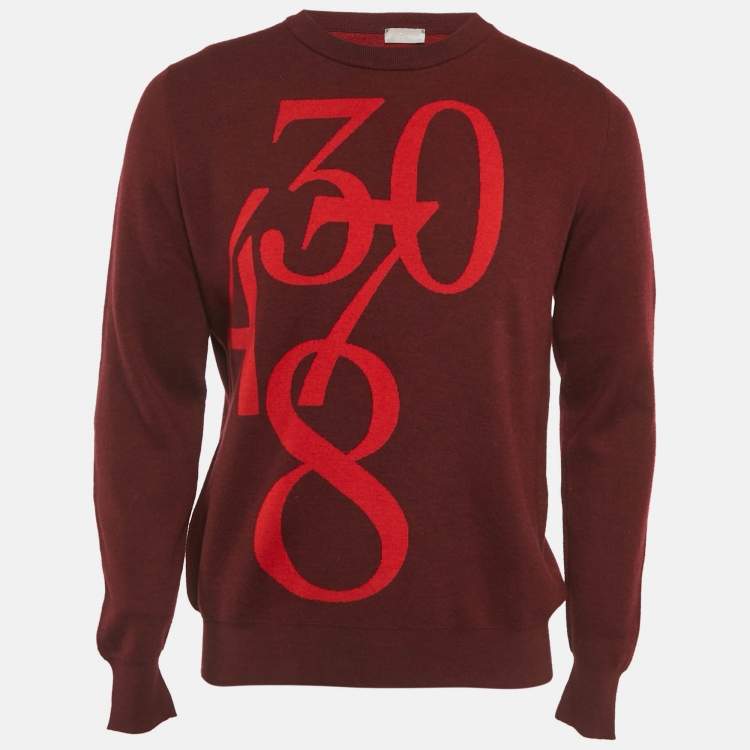 Pre Owned Dior Homme Burgundy Numbers Intarsia Wool Knit Sweatshirt L
