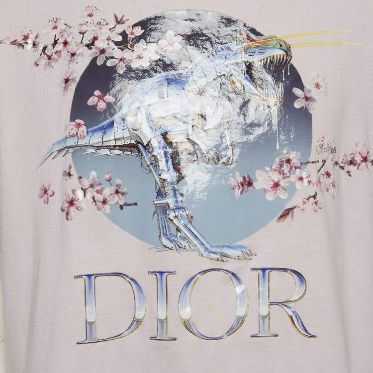 Pre Owned تيشيرت ديور أوم وردي مطبوع برقبة دائرية مقاس كبير جدًا