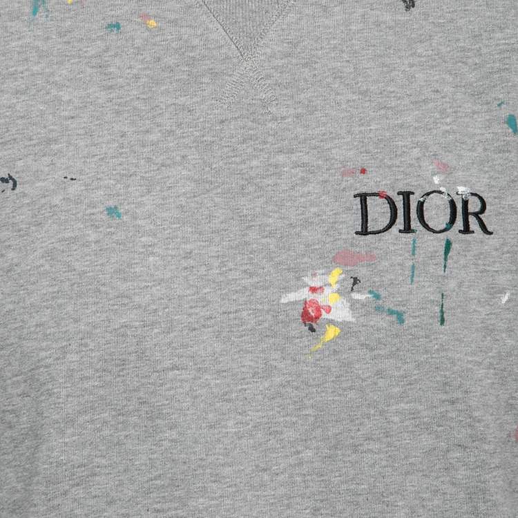 Pre Owned Dior Homme Grey Paint Splattered Cotton Logo Embroidered T-Shirt S