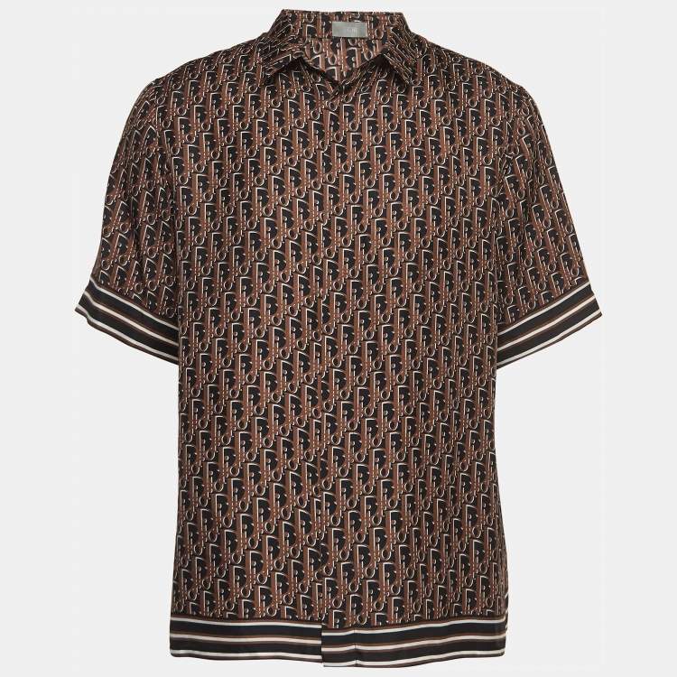 Pre Owned Dior Homme Brown Oblique Silk Short Sleeve Shirt M