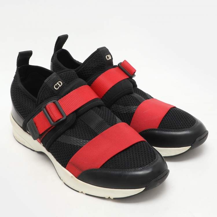 Pre Owned Dior Homme Black/Red Mesh and Leather B21 Slip On Sneakers Size 43.5