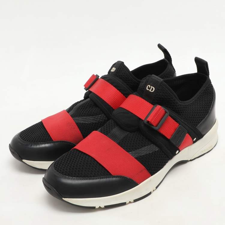 Pre Owned Dior Homme Black/Red Mesh and Leather B21 Slip On Sneakers Size 43.5