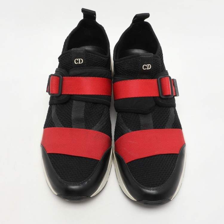 Pre Owned Dior Homme Black/Red Mesh and Leather B21 Slip On Sneakers Size 43.5