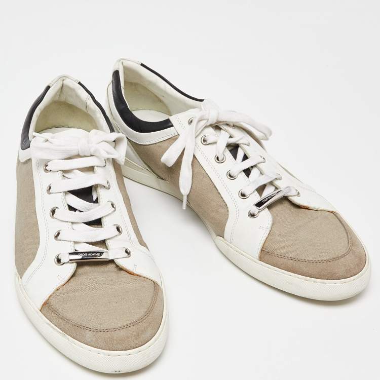 Pre Owned Dior Homme White/Beige Leather and Canvas Low Top Sneakers Size 43.5