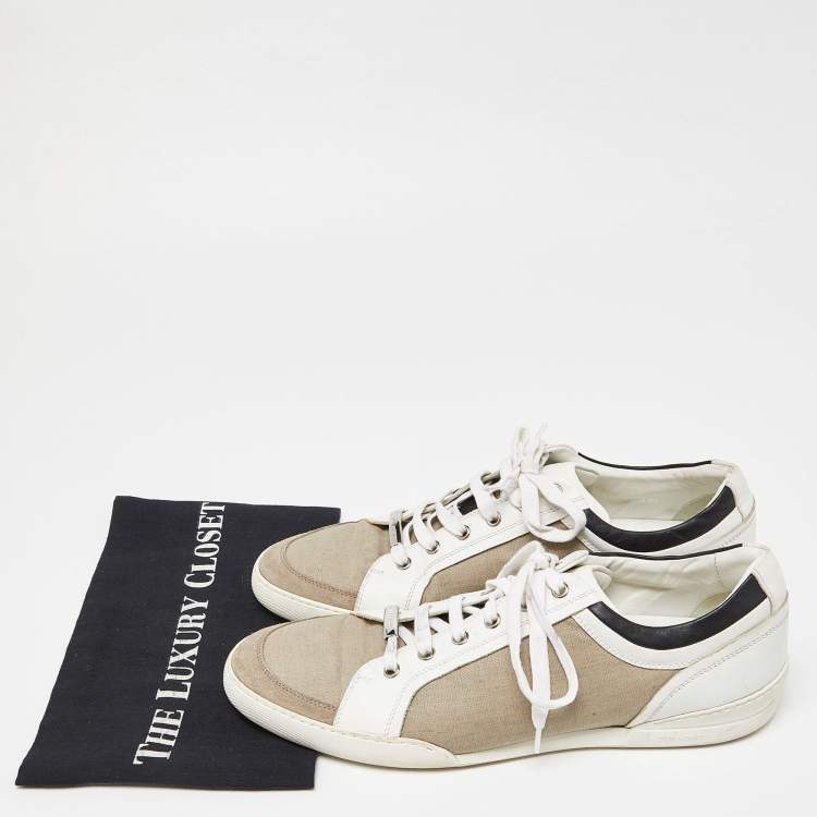 Pre Owned Dior Homme White/Beige Leather and Canvas Low Top Sneakers Size 43.5